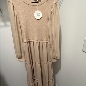 Women's Midi Tiered Long-Sleeve Dress in Beige